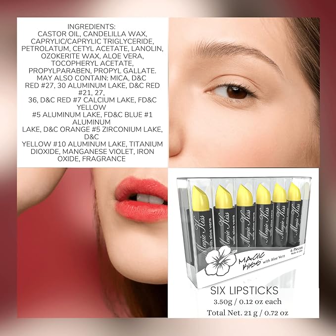 Magic Kiss Lipstick Set Aloe Vera Color Changing 6 Pack MADE IN USA (Yellow)