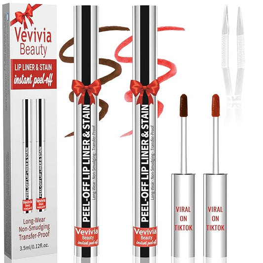 2pcs Lip liner Stain Peel Off,Lip Stain Waterproof Long Lasting,2-in-1 Lip Liner with Tweezer,Non-Fading Peel Off Lip Color,Stay On All Day,Perfect for Gift ,Highly Pigmented Color(Cocoa+Coffee)