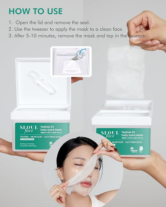 DERMAL Seoul Face Tea Tree & Heartleaf Daily Sheet Mask, 36 Count Pull-Out Dispenser Box with Tweezers, Calming Care for Redness-Prone Oily Skin, Lactobacillus Ferment, Vegan Tencel