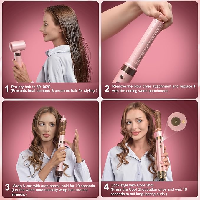 6‑in‑1 Air Wrap Styler, Hair Dryer Brush & Thermal Brush – Fast Dry, Smooth & Shiny Blowouts, Volumizing, Auto Curl L/R, Frizz‑Free No Heat Damage, Includes Travel Bag & Heat‑Resistant Glove