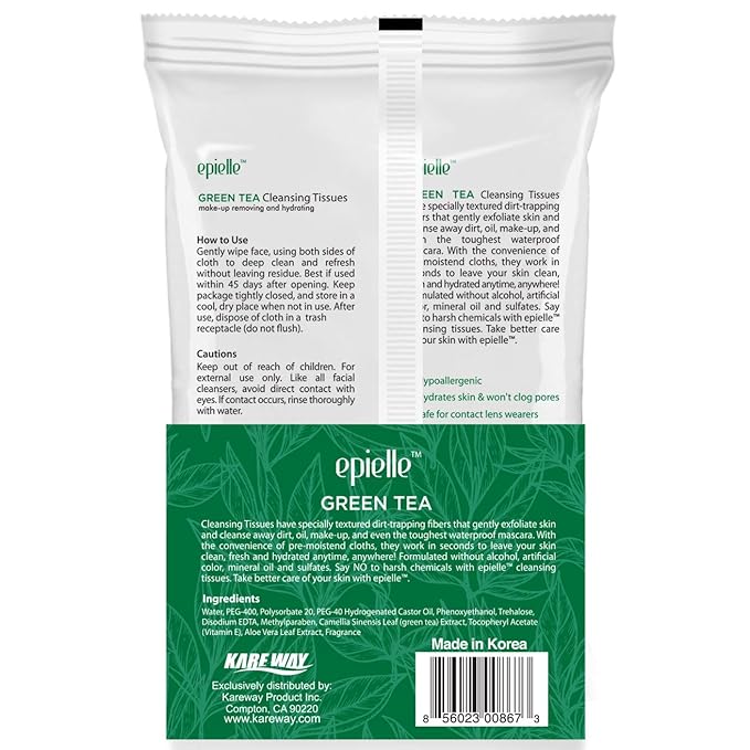 Epielle Green Tea Makeup Remover Wipes, Gentle Daily Facial Cleanser Towelettes, Remove Dirt, Oil & Waterproof Mascara, Stocking Stuffers, 60 Count (Pack of 2)