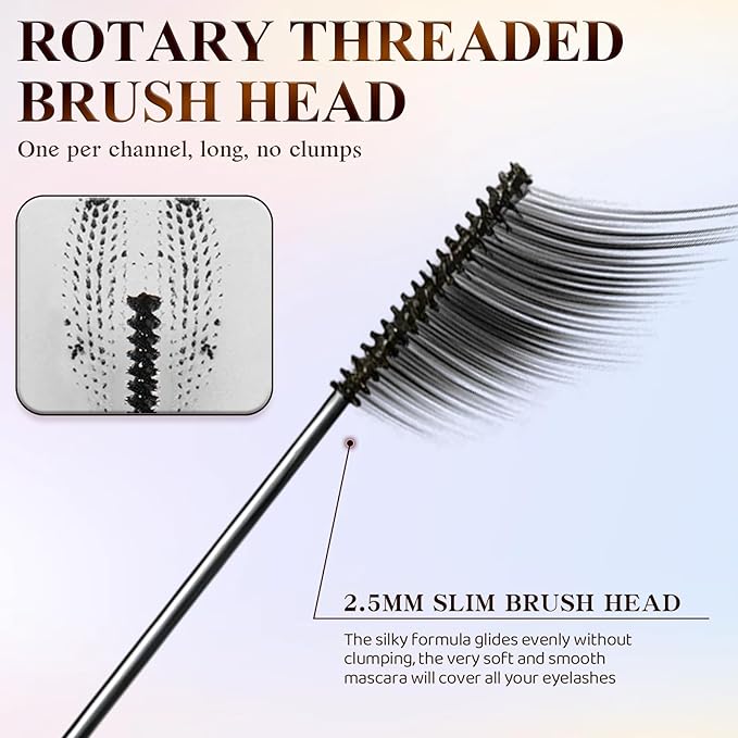 2PCS Ultra-Fine Lengthening Waterproof Quick-Dry Mascara, Iron Wand Mascara, Waterproof Metal Wand Mascaras, Long-lasting 3D Curling Eyelash, Smudge Proof and No Flaking (Black+Brown)