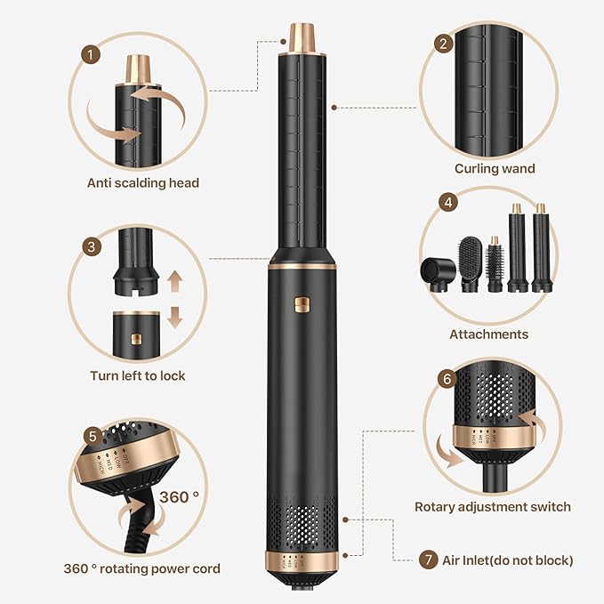 Sendowtek Hot Air Styler Brush Set for Women 5 in 1, 800W 3 Level Temp Hairdryer Comb for Rotating Curling Straightening Volumize Auto Wrap Curler Multi-Styler Hair Styling Tools for Multi Hair Home