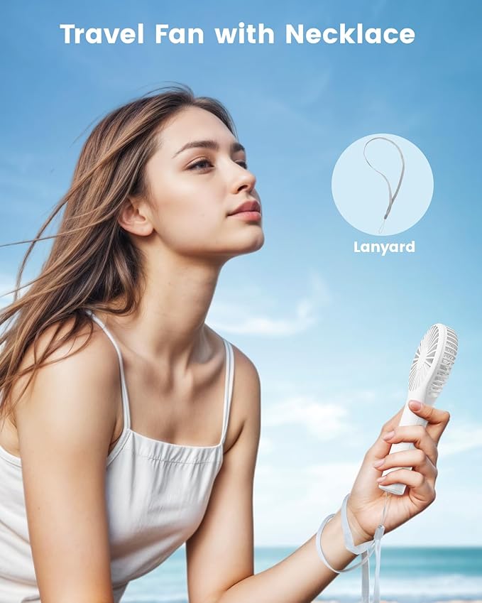 Portable Mini Fan - Powerful Personal Handheld Fan with 3 Speeds, Cute and Small, USB Rechargeable for Travel/Lash/Makeup/Outdoor/Home, White