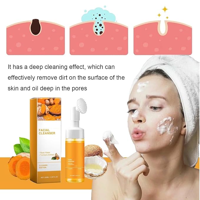 Turmeric Face Wash With Brush, Deep Cleansing Scrub Exfoliating Glow WashTurmeric Foaming Facial Cleanser, Mild Texture For Women Men's All Skin -1Pcs