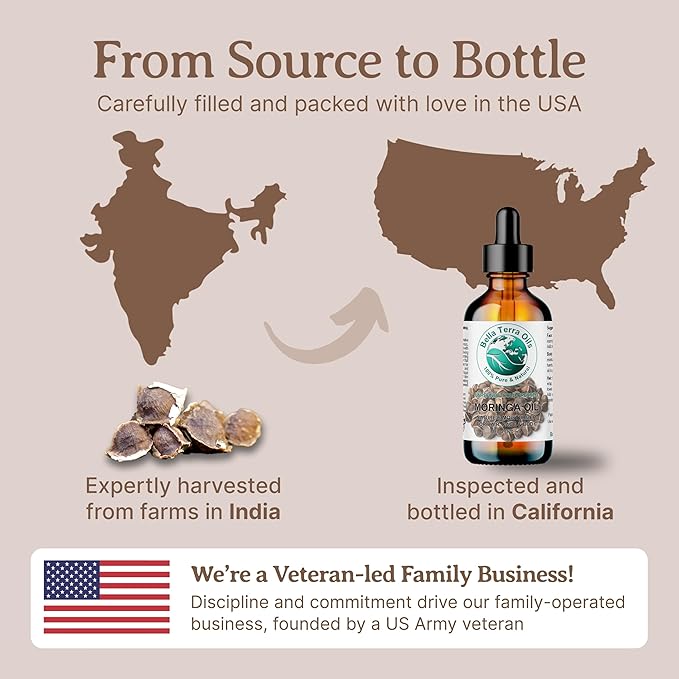 Bella Terra Oils - Organic Moringa Seed Oil 2 oz - Luxuriously Cold-Pressed, High in Vitamin A, C & E, Abundant in Oleic Acid, A Facial Elixir for Radiant Beauty