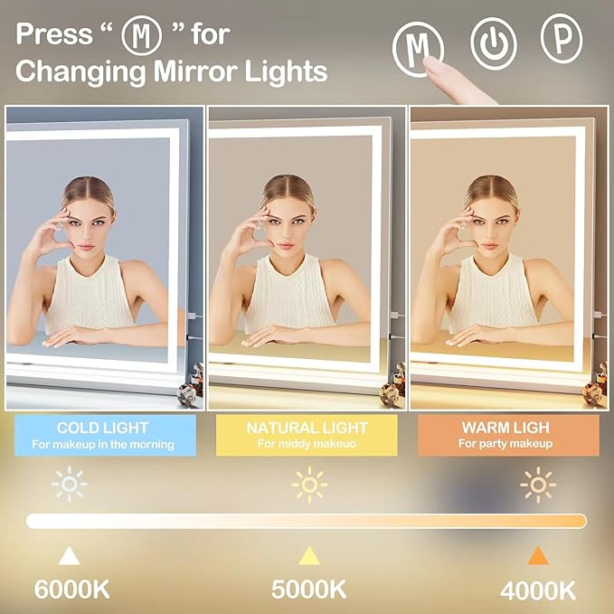 Makeup Vanity Mirror with Lights 20" L x 26" W Large LED Makeup Mirror, Light up Mirror with 10X Magnification and USB Charging Port, Dimmable 3 Modes, Touch Screen Control Square Gold