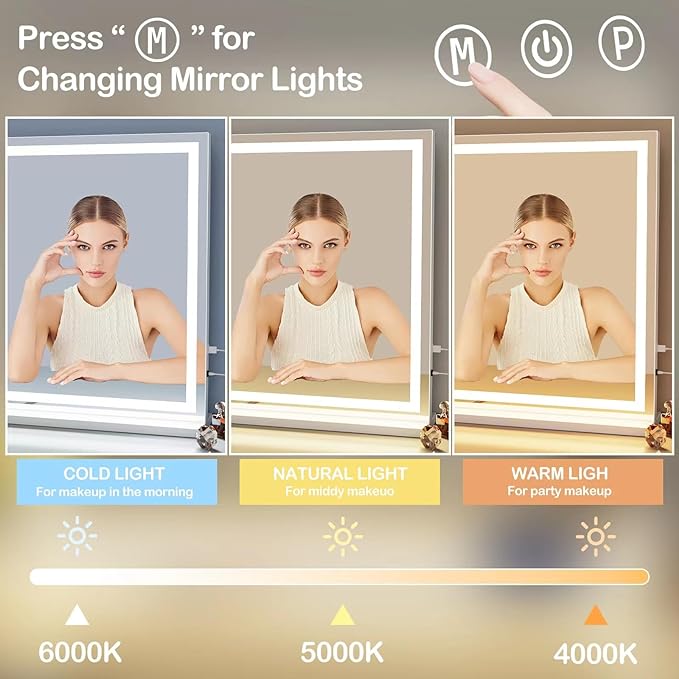Makeup Vanity Mirror with Lights 20" L x 26" W Large LED Makeup Mirror, Light up Mirror with 10X Magnification and USB Charging Port, Dimmable 3 Modes, Touch Screen Control Gold