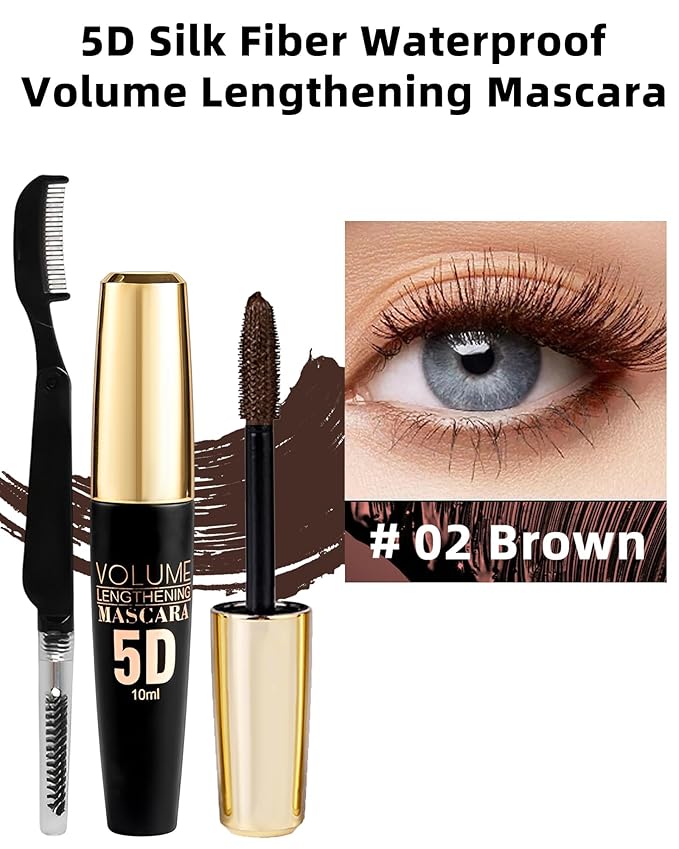Brown Waterproof Mascara for Eyelash, 5D Silk Fiber Lashes Extension Colored Tube Mascara with Eyelash Brush, Long Lasting Curling Máscara Black Volume and Length, Eye Makeup Gift for Women