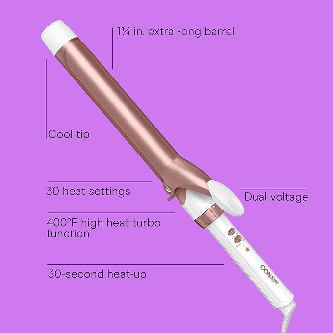 Conair Double Ceramic 1 1/4-Inch Curling Iron, 1-1/4 Inch Extra-Long Barrel Hair Curling Iron, 30 Heat Settings, Turbo Heat, Auto Off, Cool Tip, Dual Voltage, Rose Gold