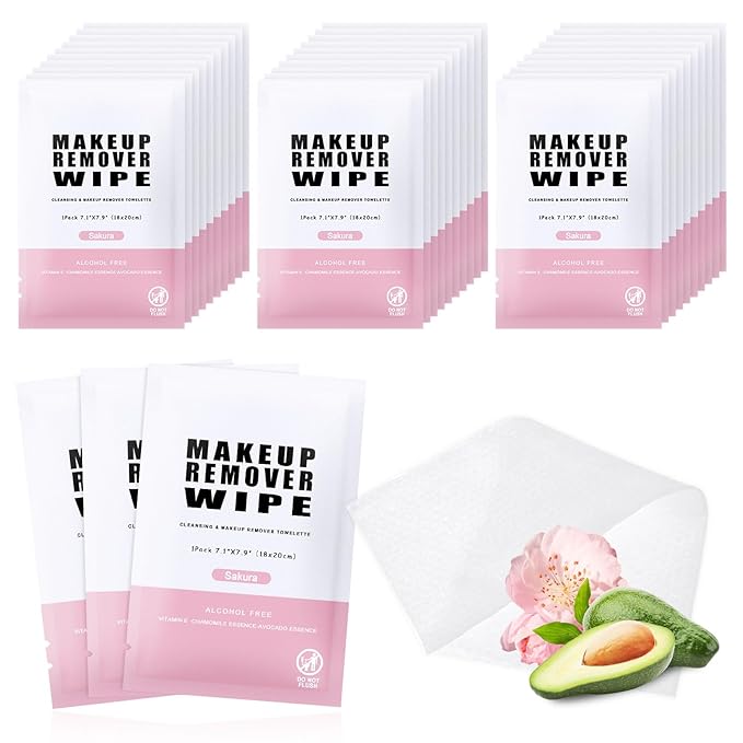 Pack of 200 Makeup Remover Wipes Individually Wrapped,Sakura Scent,Face Cleansing Wipes Bulk, Travel Towelette Makeup Remover Cloth for Face Cleansing Skin Care Remove Makeup