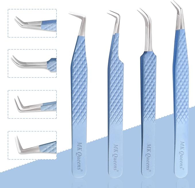Fiber Tip Lash Tweezers For Eyelash Extension Tweezers Professional Eyelash Extension Tweezer - Set of 4 Pcs Diamond Grip Stainless Steel Fiber Tweezer (4, Sky Blue)