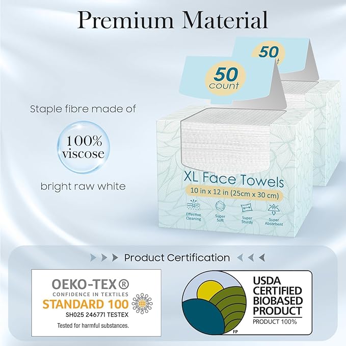 2 Pack of 50 count XL Disposable Face Towels 10” x 12”, 100% Viscose Fibre, Soft & Skin Friendly Face Towelettes Disposable, Facial Tissue Wipes for Women Cleansing