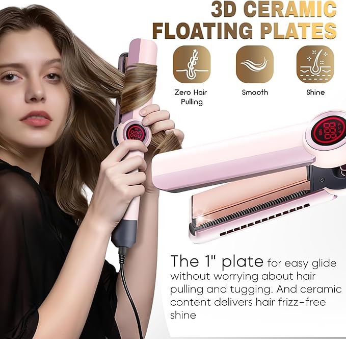 Flat Iron Hair Straightener and Curler 2 in 1-Curling Iron for Lasting Curls,360°Anti-Scald Ionic Curling Wand,Rapid 30-Second Heat-Up,Auto Shutdown & LED Display for All Hair Types (Pink)