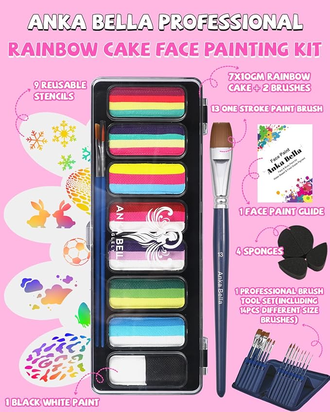 Anka Bella Professional Face Painting Kit for Kids,8X10gm Water Based Split Cake Face and Body Paint with Brushes,Hypoallergenic & Non-Toxic,Gift for Birthday Parties/Halloween/Carnival