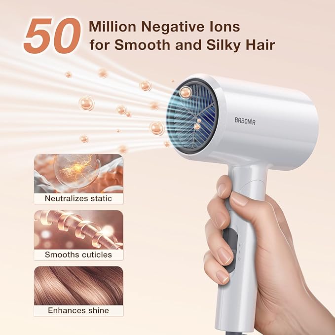 Blow Dryer with Diffuser, 1875W Fast-Drying, Foldable, Ionic Turbo Hair Dryer with Diffuser & Concentrator Nozzle, Compact, 3 Heat & 2 Speed Settings, 8FT Cord for Home Salon, White
