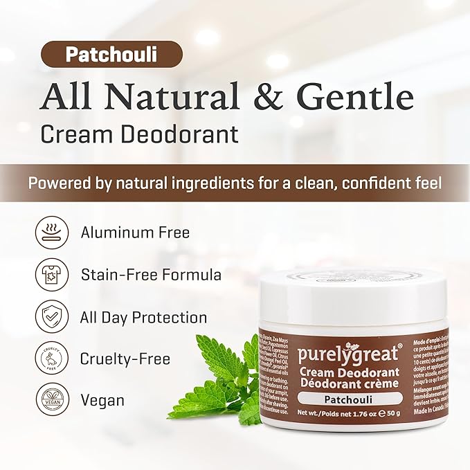 Purelygreat - Patchouli Scented Cream Deodorant, Chemical-Free Hygiene Essentials for Women, Natural Deodorant for Men with Soda & Corn Starch, No Sticky Residue, Parabens & BPA, 1.76 oz / 50 g