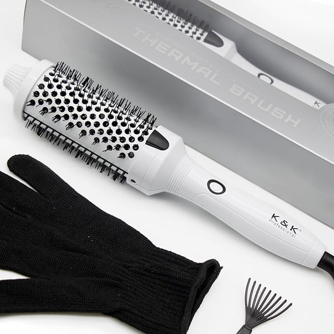 K&K Thermal Brush, White 1.77 Inch Heated Round Brush, Professional Heated Curling Ceramic Tourmaline Ionic Curling Iron, Hot Styling Volumizing Comb, Dual Voltage