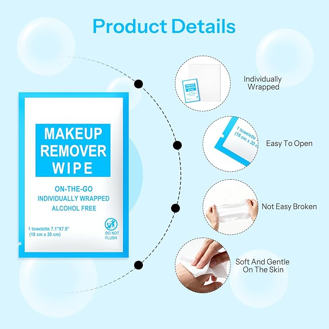 Makeup Remover Wipes Individually Wrapped Pack of 200,Avocado Scent 7x7.9 inch Blue Travel Size Facial Cleansing Wipes Towelette for Face Cleansing,Skin Care,Hotel,Camping,Gym,Office