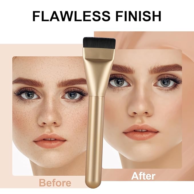 Flat Foundation Brush for Liquid Makeup,14CM Premium Fast Flawless Flat Top Kabuki Makeup Brushes Face Cosmetics Concealer Brush for Liquid, Blending, Powder, Cream, Powder, Blush, Buffing Gold