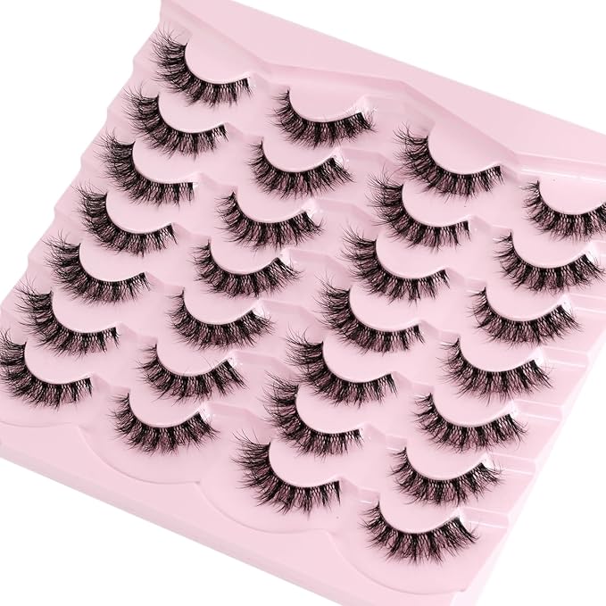 𝗙𝗮𝘂𝘅 𝗠𝗶𝗻𝗸 𝗙𝗮𝗹𝘀𝗲 𝗘𝘆𝗲𝗹𝗮𝘀𝗵𝗲𝘀 𝟯𝗗 𝗙𝗹𝘂𝗳𝗳𝘆 𝗖𝘂𝗿𝗹𝘆 14mm Wispy Natural Look Short False Lashes Volume Clear Band Cat Eye Fake Eyelashes False Lashes Strip Pack by EMEDA (N06)