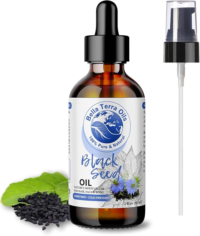 Bella Terra Oils - Black Seed Oil 2oz - Celebrating Black Cumin's Nutritional Legacy, Infused with Gamma Linoleic Acid, A Premium Cosmetic Companion