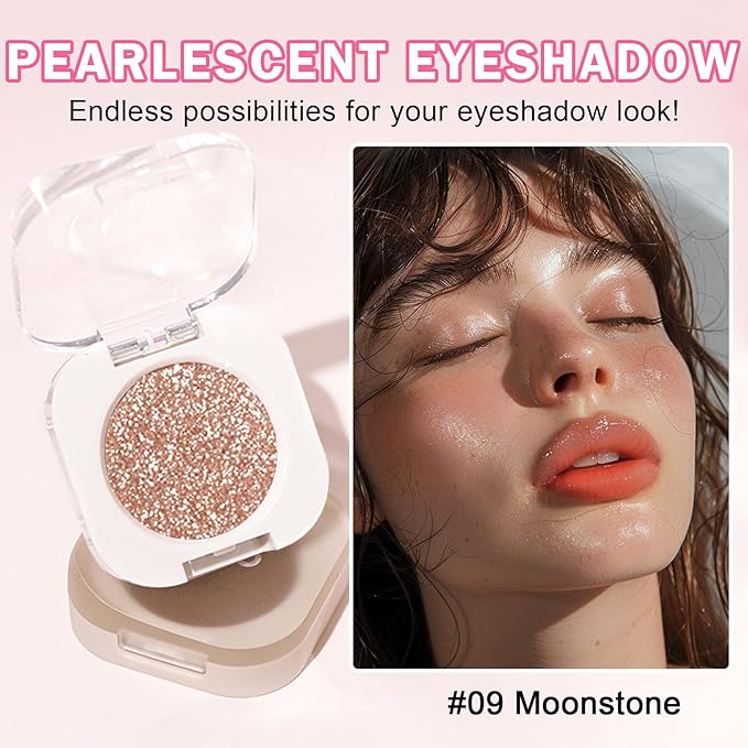 Glitter Eyeshadow Champagne Glow Single Eyeshadow,Ultra Fine Shimmer Eyeshadow Lightweight Sparkling Blendable Formula,Daily Multiuse Glossy Eyes Makeup (09 Moonstone)