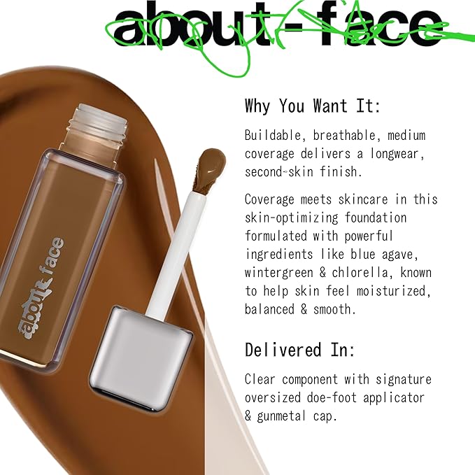 about-face THE PERFORMER Skin-Focused Foundation D2Olive – Medium Coverage, Long-Wear, Breathable & Buildable Base – Clean, Vegan, Hydrating Formula with Blue Agave & Chlorella – 1.08oz
