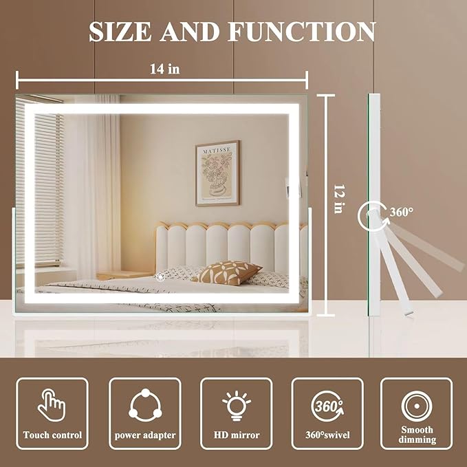 Ligheted Vanity Mirror with Lights, 14" x 10" LED Makeup Mirror, 3 Modes Light, Smart Touch Control Dimmable, 360°Rotation, Rectangle White Frame