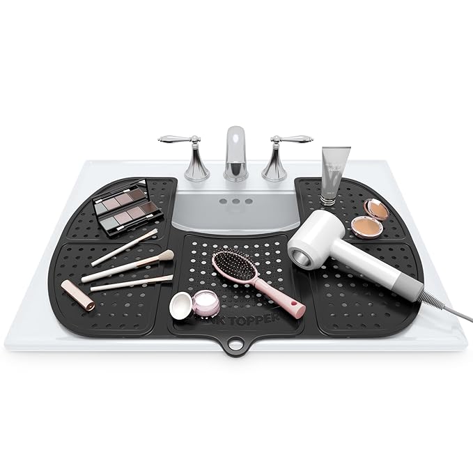Sink Topper Bathroom Sink Cover for Counter Space & Storage Saver | RV Must Haves | Silicone Foldable Beauty Makeup Brush Cleaning Mat | Hot Tools Organizer | RV Sink Cover | Large, Black