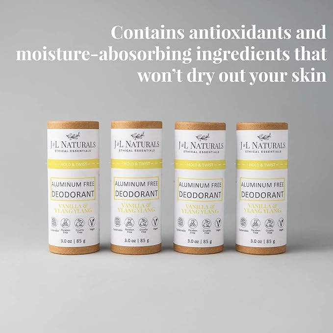 J&L Naturals Aluminum Free Deodorant for Men & Women | 100% Natural Ingredients With Coconut Oil, Shea Butter, & Essential Oils | Sustainable, Eco-Friendly (Vanilla & Ylang Ylang, 3.0 Oz (Pack of 4))