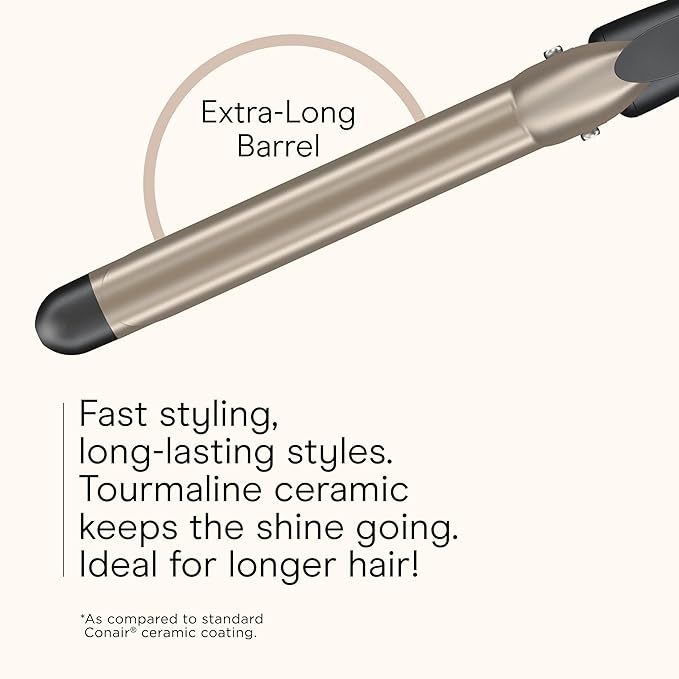 INFINITI PRO CONAIR Tourmaline Ceramic Long Barrel 1-Inch XL Curling Iron, 1-Inch Extra Long Barrel Produces Classic Curls, Hair Curler for Use on Short, Medium, and Long Hair, Champagne/Charcoal Grey