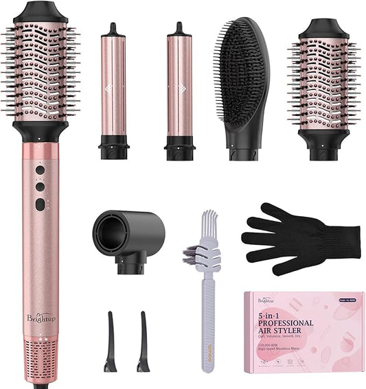 Brightup 5 in 1 High-Speed Hot Air Styler, 1400W Powerful 120000RPM Hair Dryer Brush, Negative Ions Thermal Brush, Cool Shot Button, Curler, Volumizer, Straighter, No Heat Damage, with Travel Bag