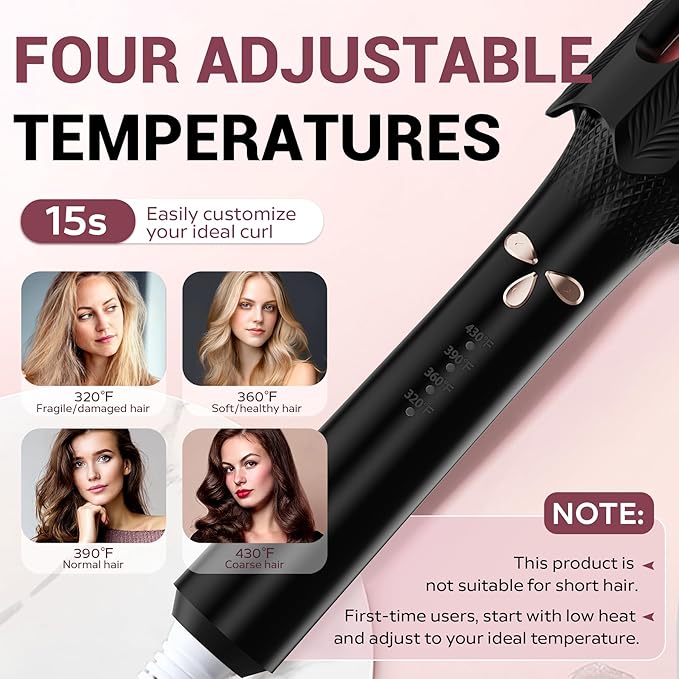Auto Rotating Hair Curler - 4 Temperature and Timer Settings, Automatic Curling Iron with Automatic Shut-Off, Anti-Tangle and Scalding, Curling Wand for Long Lasting Curls (Black)