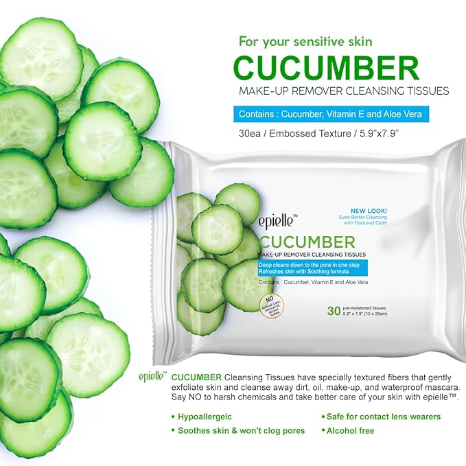 Epielle Cucumber Makeup Remover Wipes, Gentle Daily Facial Cleanser Towelettes, Remove Dirt, Oil & Waterproof Mascara, Stocking Stuffers, 30 Count (Pack of 6)