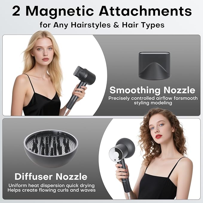 High-Speed Ionic Hair Dryer with Magnetic Diffuser & Concentrator, 110,000RPM Brushless Motor for 5X Faster Drying, Professional Lightweight Quiet Blow Dryer for Frizz-Free, No Heat Damage Styling