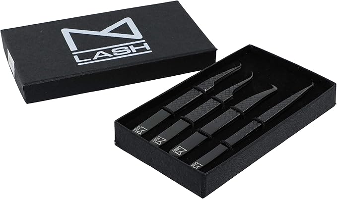 M LASH Tweezers for Eyelash Extensions (Set of 4) - Professional Lash Extension Tweezers - Fiber Tip, Japanese Steel, Diamond Grip Eyelash Extension Tweezer (Black)