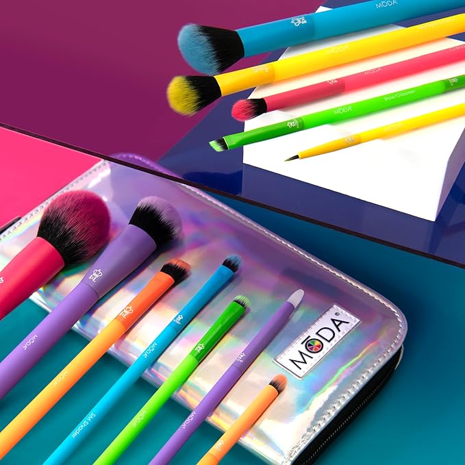 Moda Totally Electric 13pc Full Face Makeup Brush Set – Bold, Colorful, Vegan Brushes for Face & Eye Makeup, Blending, Contouring, and More