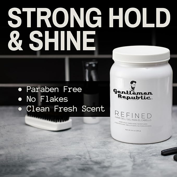 Gentlemen Republic 64oz Refined Hair Gel for Men - Premium Gel For Men Humidity Resistant & Alcohol-Free - All Day Shine and Hold for All Hair Types and Never Flakes - Made in the USA