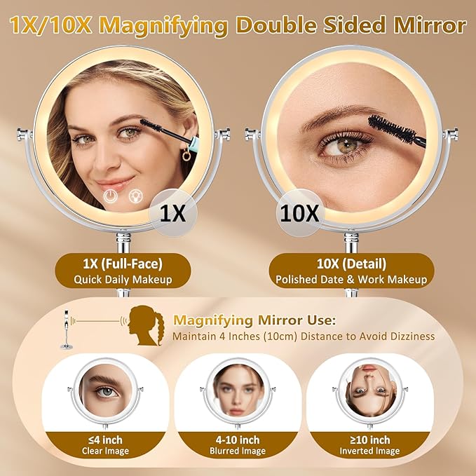 Vanity Mirror with Lights,4000mAh Rechargeable Double Sided Magnifying Mirror with 3 Colors Adjustable,1x/10x Lighted Makeup Mirror,360°Rotation Touch Screen with Memory Function,Women Gift