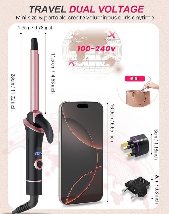 Mini Curling Iron for Short Hair Dual Voltage with European UK Plug Adapter Ceramic Travel Small Curling Iron 1/2 Inch Barrel Curler with Professional 30S Fast Heating, 5 Temps for Global Travel