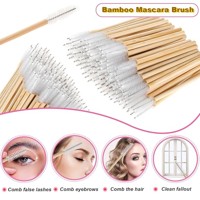300PCS Bamboo Eyelash Extension Kit – Disposable Micro Swab Brushes, Natural Material Spoolies, Lip Brushes, Mascara Wands, Makeup Applicator Tools