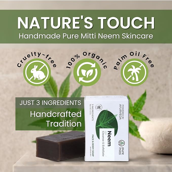 Neem Face, Body Bar Soap 4.5 oz, 3 Pack | Ayurvedic Exfoliating, Cleansing Bar with Coconut Oil, Castor Oil | Gentle Bath Soaps for Face Wash, Body Wash | Soft Soap for Daily Use, All Skins