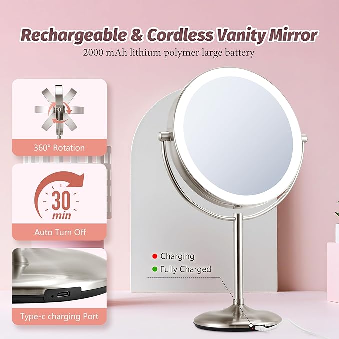 9" Lighted Makeup Mirror, 1X/20X Rechargeable Magnifying Mirror with 3 Color Dimmable Lights for Bedroom Tabletop, Base Charging and Switch, Women Gift