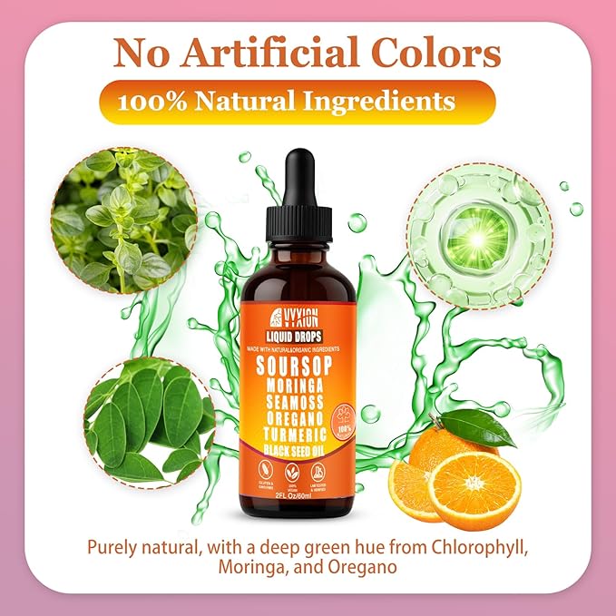 Soursop Bitters Liquid Drops 10 in 1 with Sea Moss, Moringa, Turmeric, Black Seed Oil, Oregano, Ashwagandha | Herbal Extracts for Overall Health-Enhancing | Vegan, Non-GMO | 2 Fl Oz (Orange flavor)
