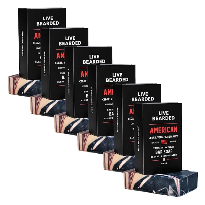 Live Bearded All-Natural Bar Soap for Men, 6-Pack of 5 oz - Made in the USA - Exfoliates and Moisturizes - Charcoal, Pumice, Shea Butter | American Scent - Cedar, Vetiver, Bergamot