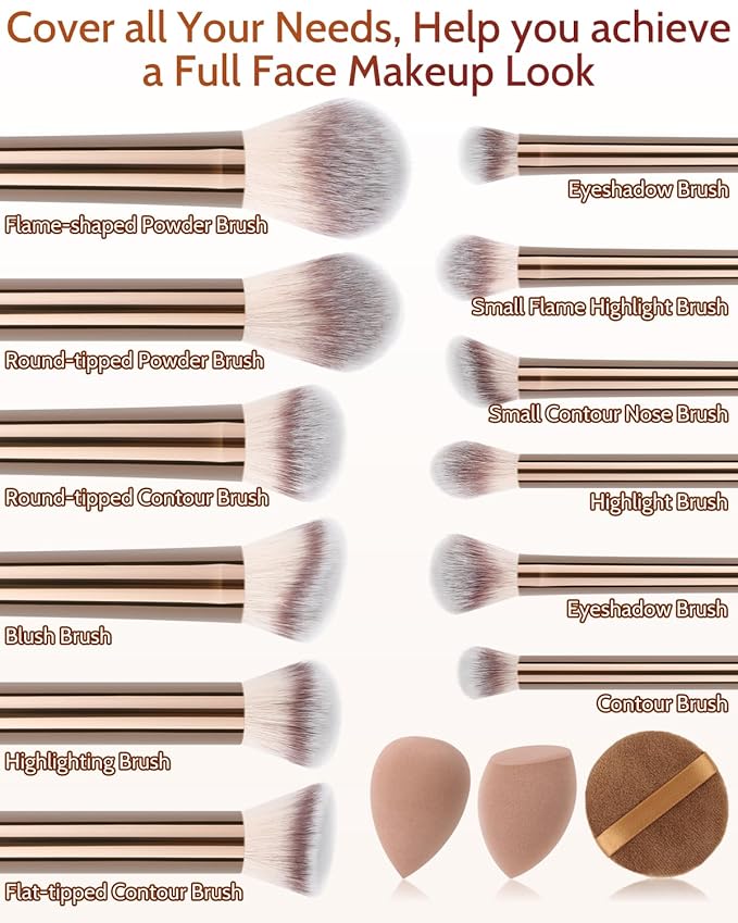Makeup Brushes Set, 12 Pcs Multi-functional Cosmetic Brushes Tools Kit With 3 Makeup Sponges and Storage Bag, Soft Bristles are Suitable for Foundation, Concealer, and Eyeshadow (Brown)