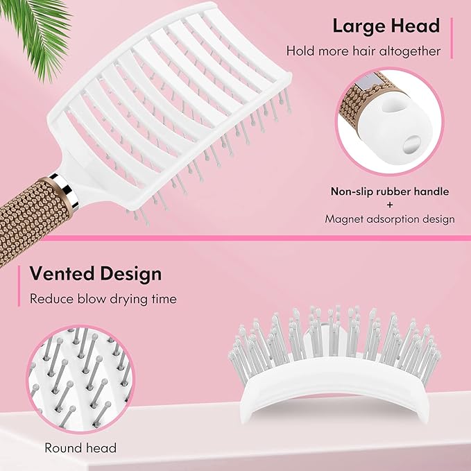 Hair Brush Set, Curved Vented Detangling Hair Brushes for Women Men Kids, Professional Vent Styling Brush for Wet Dry Curly Thick Straight Hair Fast Blow Drying Brush (Pink+ White)