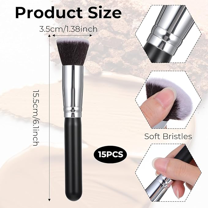 15 Pcs Makeup Brushes, Synthetic Flat Top Foundation Brush Set For Liquid, Cream, Powder, Blending, Buffing, Blush, Concealer, Black Cosmetics Brush Kit