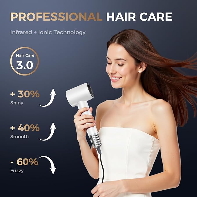 Infrared Hair Dryer, with Magnetic Nozzle - 160000 RPM Quiet lonic Blow Dryer for Women, with Frizz Control & No Heat Damage, Red Light Negative Ions, Fast Drying, for All Hair Types